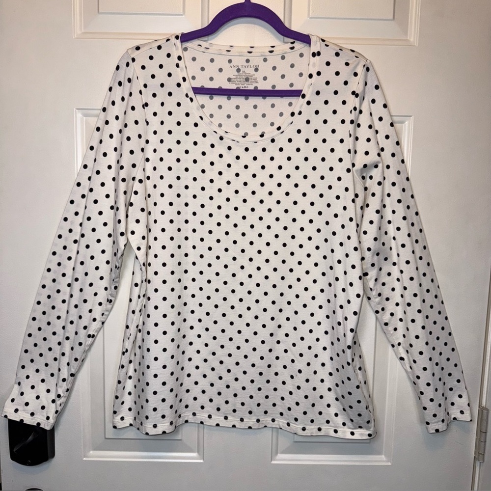 Ann Taylor Polka-Dot Long Sleeved Top T Shirt Size XL Stretchy Off White/black